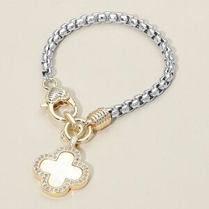 Two Tone 14K Pearl CZ Stone Quatrefoil Pendant Chain Dangle Charm Bracelet Gold